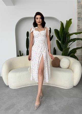 Jose Kalın Askılı Yırtmaçlı Midi Çiçekli Elbise