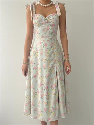 Jose Kalın Askılı Yırtmaçlı Midi Çiçekli Elbise