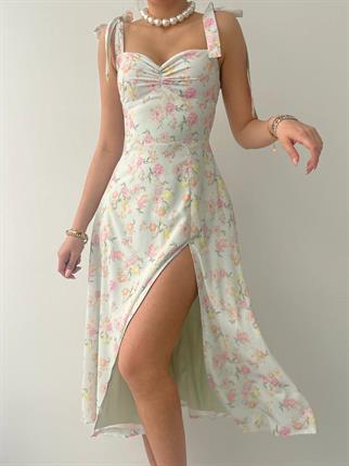 Jose Kalın Askılı Yırtmaçlı Midi Çiçekli Elbise