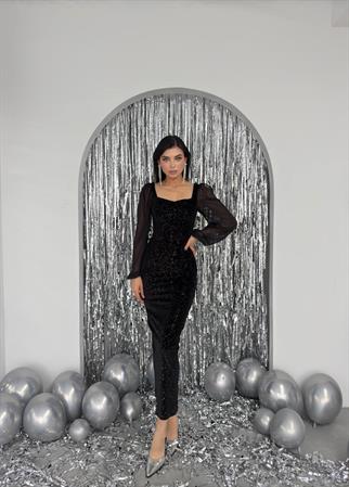 Kadife Sildane Kolları Tül Elbise