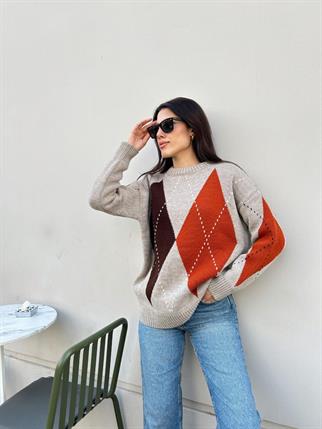 Kadın Bisiklet Yaka Krem Baklava Desenli Kazak