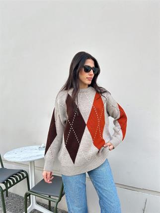 Kadın Bisiklet Yaka Krem Baklava Desenli Kazak