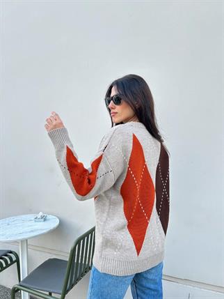 Kadın Bisiklet Yaka Krem Baklava Desenli Kazak