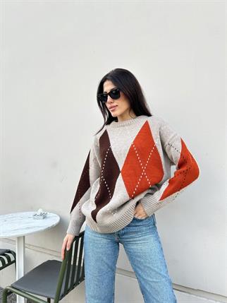 Kadın Bisiklet Yaka Krem Baklava Desenli Kazak