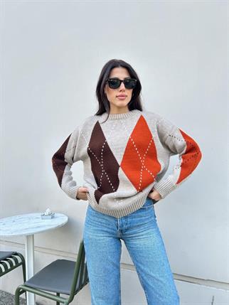 Kadın Bisiklet Yaka Krem Baklava Desenli Kazak