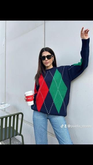 Kadın Bisiklet Yaka Mavi Baklava Desenli Kazak