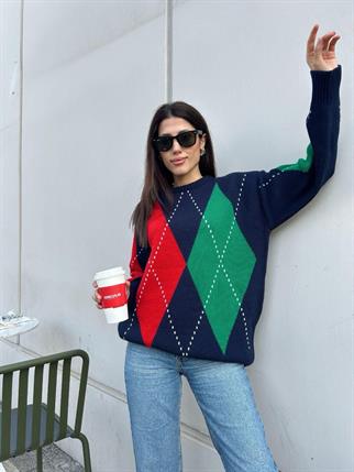 Kadın Bisiklet Yaka Mavi Baklava Desenli Kazak