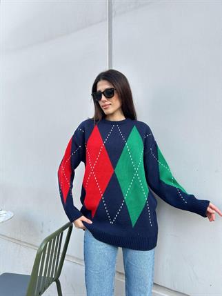 Kadın Bisiklet Yaka Mavi Baklava Desenli Kazak