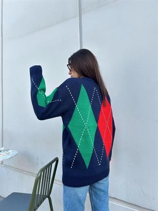 Kadın Bisiklet Yaka Mavi Baklava Desenli Kazak