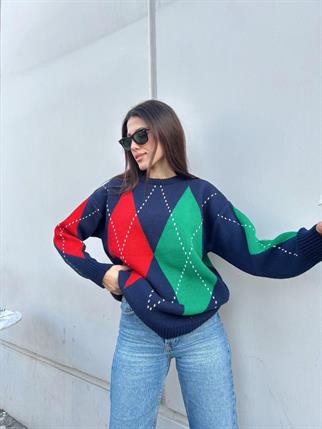 Kadın Bisiklet Yaka Mavi Baklava Desenli Kazak