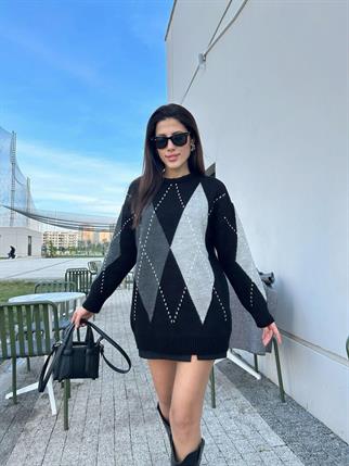 Kadın Bisiklet Yaka Siyah Baklava Desenli Kazak