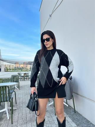 Kadın Bisiklet Yaka Siyah Baklava Desenli Kazak