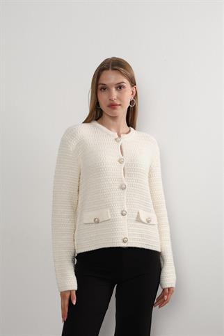 Kadın Düğmeli Çift Cep Görünümlü Triko Yelek