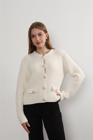 Kadın Düğmeli Çift Cep Görünümlü Triko Yelek