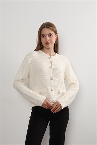 Kadın Düğmeli Çift Cep Görünümlü Triko Yelek