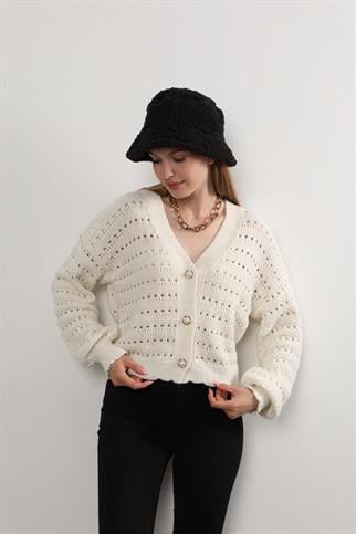 Kadın Düğmeli Kalp Detay İşlemeli Triko Yelek