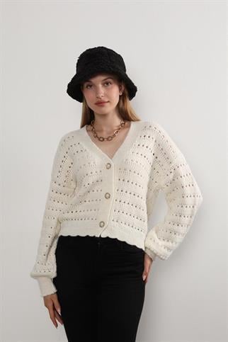 Kadın Düğmeli Kalp Detay İşlemeli Triko Yelek