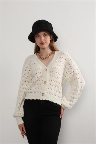 Kadın Düğmeli Kalp Detay İşlemeli Triko Yelek