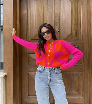 Kadın Pembe Turuncu Desen Taş Düğmeli Triko Hırka