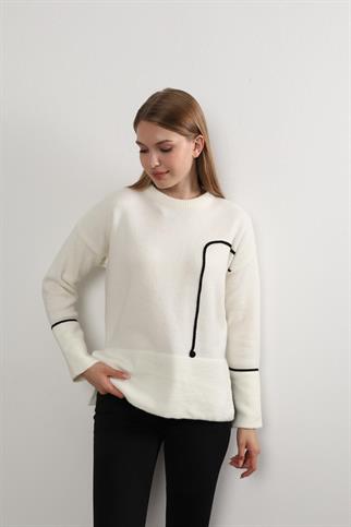 Kadın Siyah Şerit Detay Bisiklet Yaka Triko Kazak