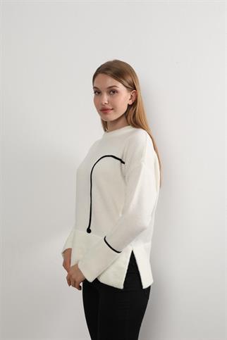 Kadın Siyah Şerit Detay Bisiklet Yaka Triko Kazak