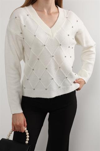 Kadın Taş Detay Uzun Kol Triko Kazak