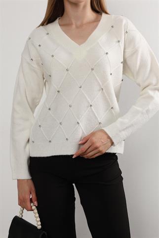 Kadın Taş Detay Uzun Kol Triko Kazak