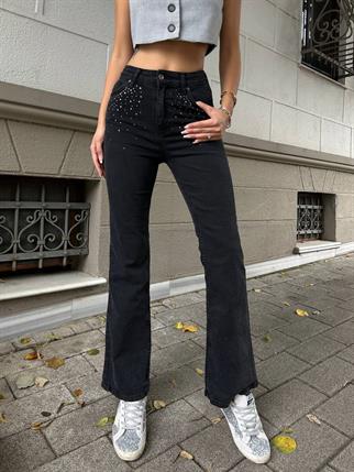 Kadın Yüksek Bel Taş Detay Boot Cut Jean Pantolon