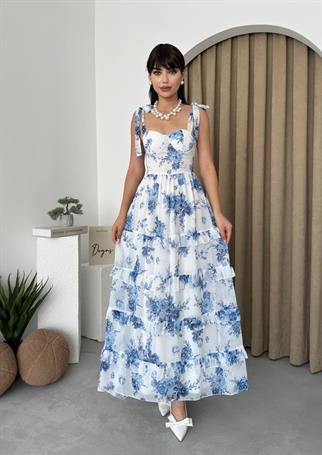 Kalın Askılı Şifon Mavi Çiçekli Elbise