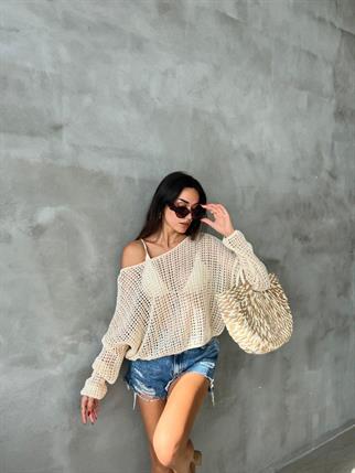 Karen Düşük Omuz Kazak - Krem