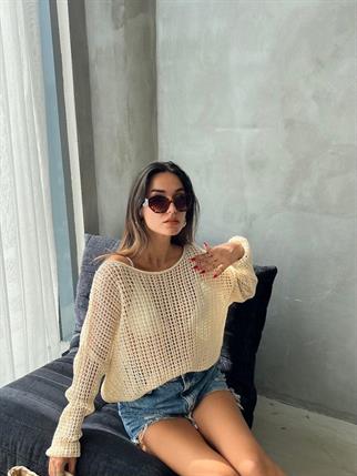 Karen Düşük Omuz Kazak - Krem