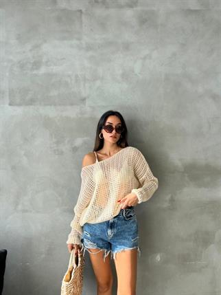 Karen Düşük Omuz Kazak - Krem