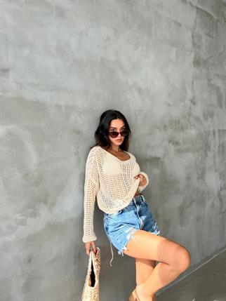 Karen Düşük Omuz Kazak - Krem