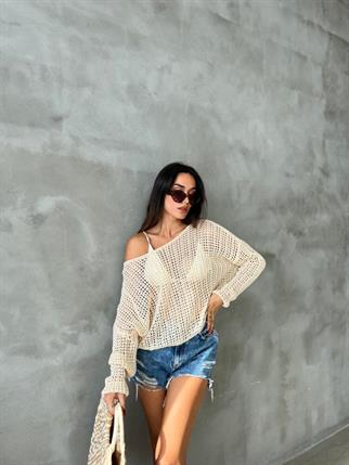 Karen Düşük Omuz Kazak - Krem