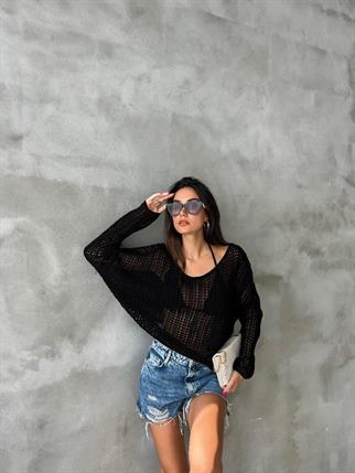 Karen Düşük Omuz Kazak - Siyah