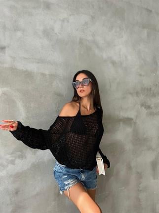 Karen Düşük Omuz Kazak - Siyah