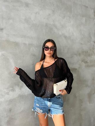 Karen Düşük Omuz Kazak - Siyah