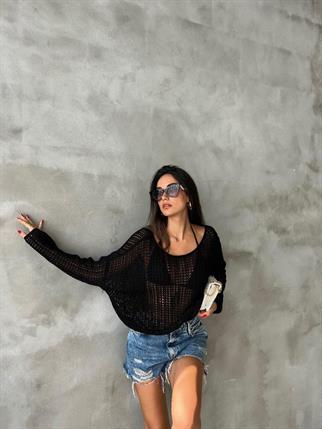 Karen Düşük Omuz Kazak - Siyah