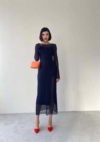 Kely Midi Streç Elbise - Lacivert