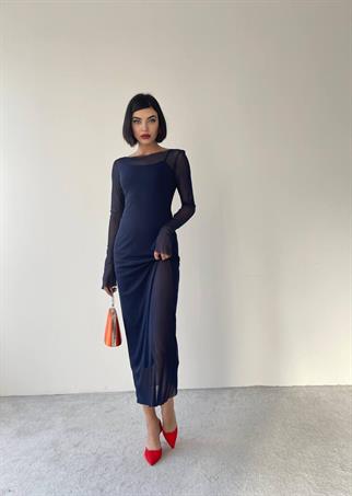 Kely Midi Streç Elbise - Lacivert