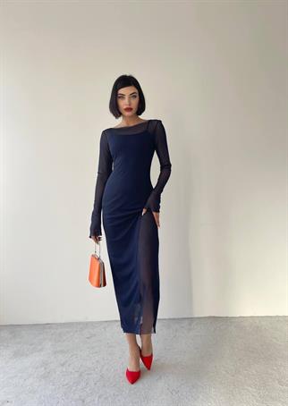 Kely Midi Streç Elbise - Lacivert