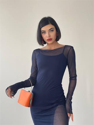 Kely Midi Streç Elbise - Lacivert