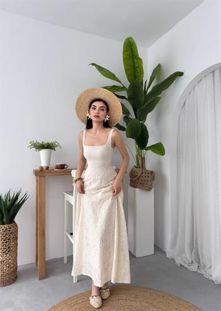 Keten İşlemeli Kalın Askılı Uzun Elbise