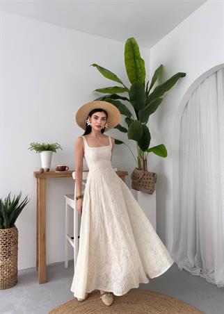 Keten İşlemeli Kalın Askılı Uzun Elbise