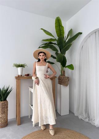 Keten İşlemeli Kalın Askılı Uzun Elbise