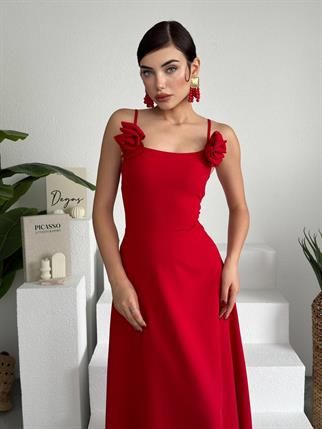 Kiloş Askılı Güllü Atlas Elbise 