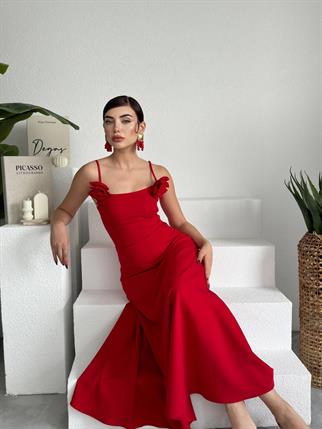 Kiloş Askılı Güllü Atlas Elbise 