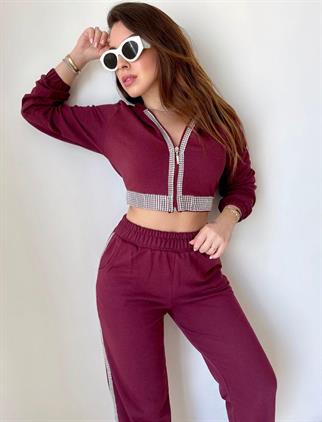 Krista Crop Fermuarlı Takım - Bordo