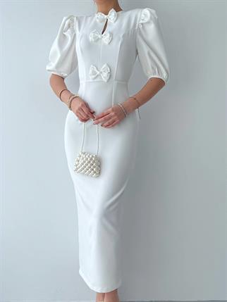 Kurdele Detay Atlas Uzun Elbise