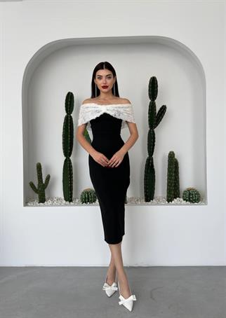 Kurdele Güpür Detay Midi Elbise